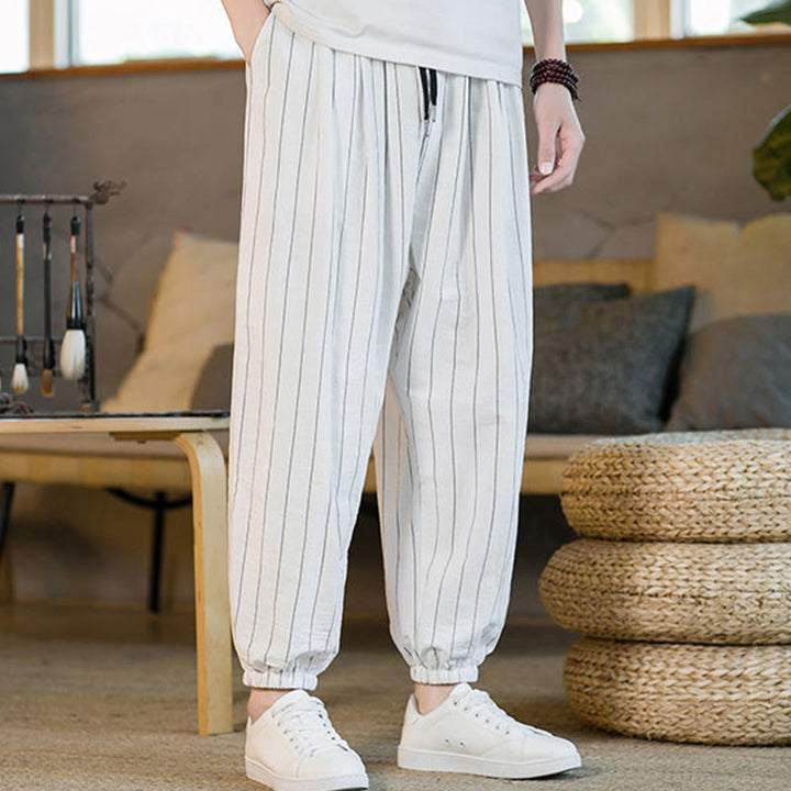 Buddha Stones Pantalon harem rayé à cordon de serrage et poches pour homme, style été décontracté - image 45