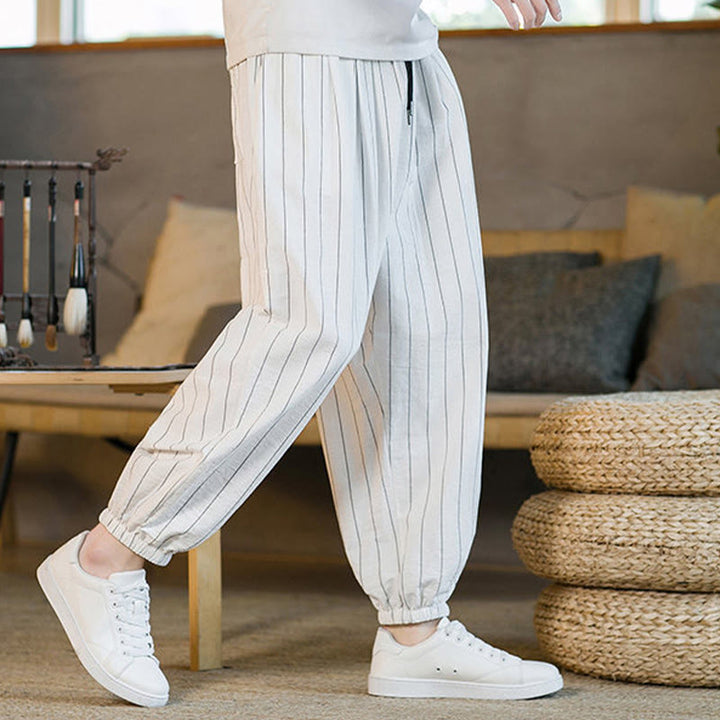 Buddha Stones Pantalon harem rayé à cordon de serrage et poches pour homme, style été décontracté - image 49