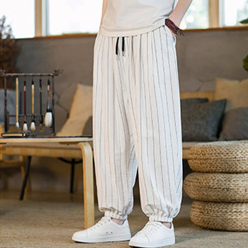Buddha Stones Pantalon harem rayé à cordon de serrage et poches pour homme, style été décontracté - image 44