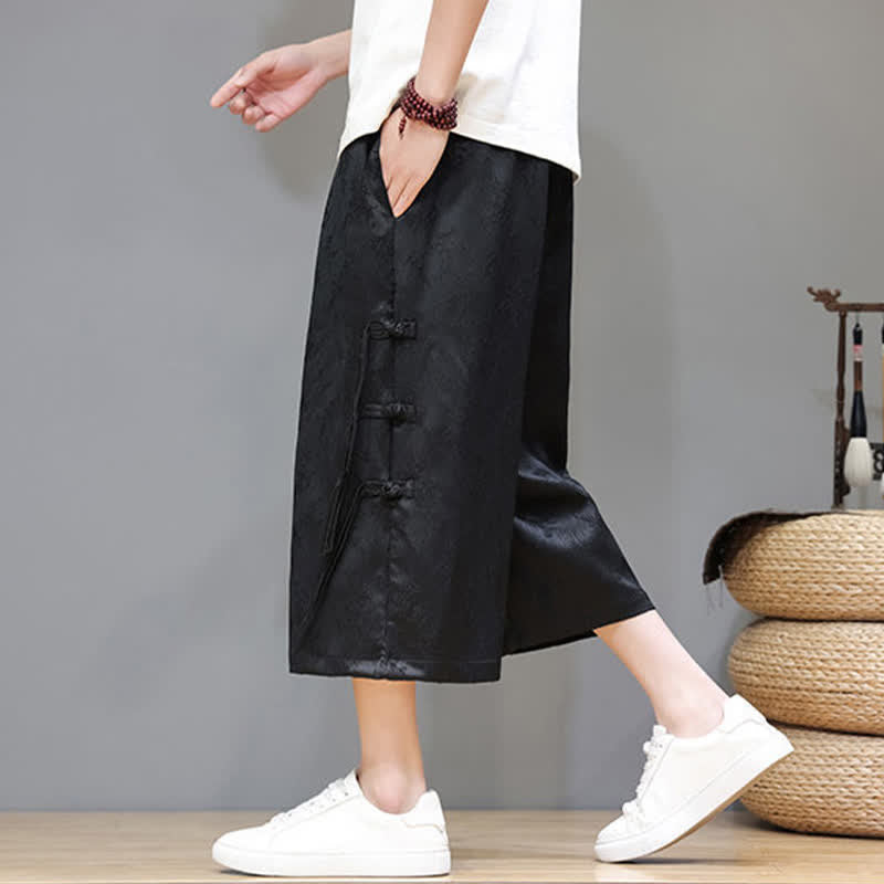 Buddha Stones Pantalon d'été Tang Style pour homme, coupe droite, fermeture à brandebourgs latéraux et poches - image 1