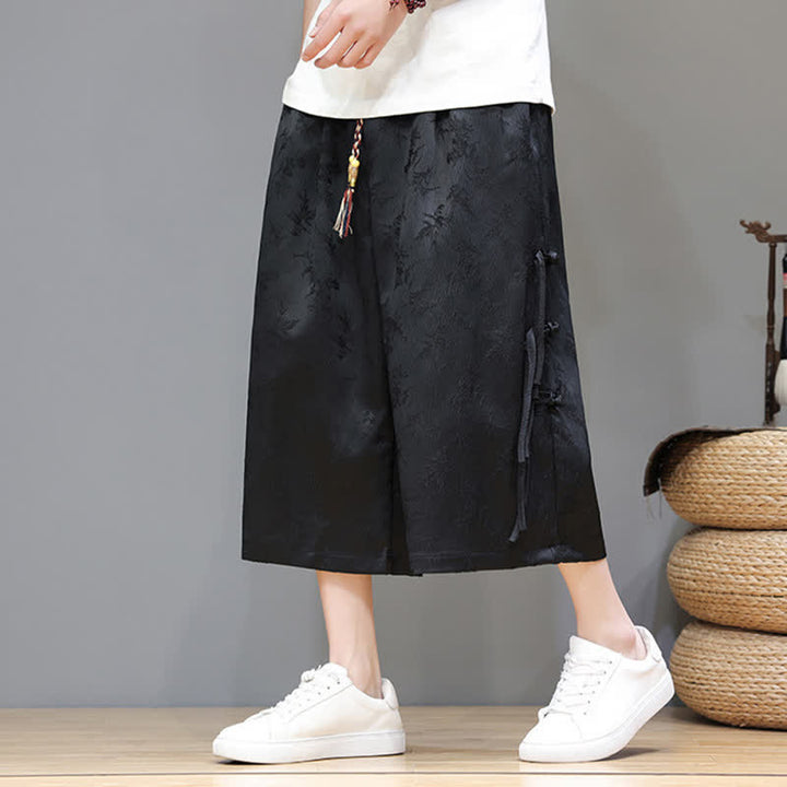 Buddha Stones Pantalon d'été Tang Style pour homme, coupe droite, fermeture à brandebourgs latéraux et poches - Noir - US/UK/AU48，EU58(5XL) - image 0