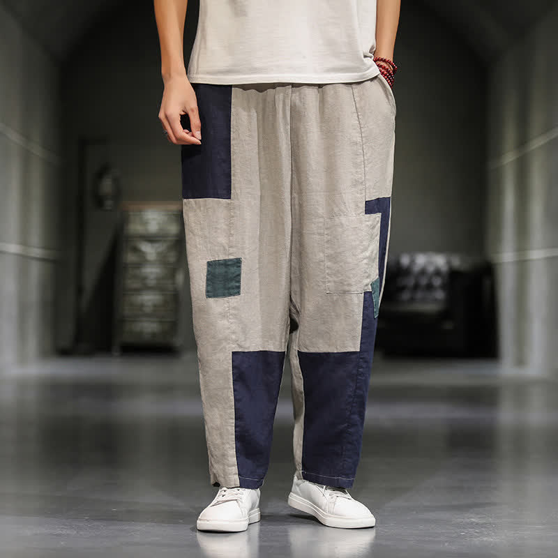 Buddha Stones Pantalon harem court pour homme, style printanier décontracté, en coton et lin, color block, avec poches - Beige - US/UK/AU48，EU58(5XL) - image 0