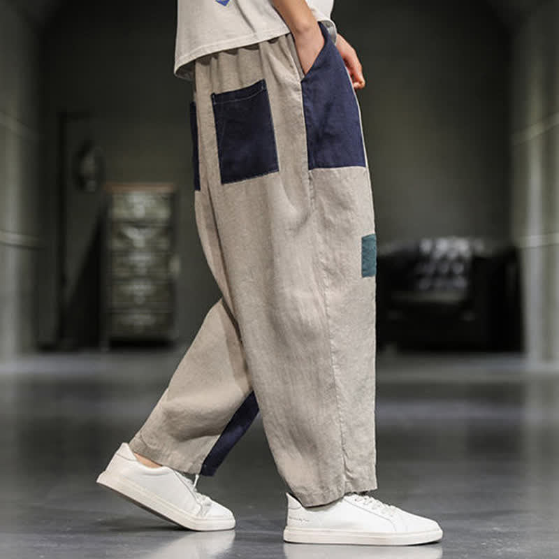 Buddha Stones Pantalon harem court pour homme, style printanier décontracté, en coton et lin, color block, avec poches - image 2