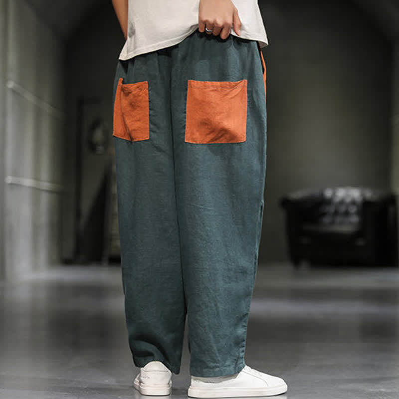 Buddha Stones Pantalon harem court pour homme, style printanier décontracté, en coton et lin, color block, avec poches - image 14