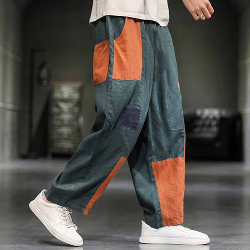 Buddha Stones Pantalon harem court pour homme, style printanier décontracté, en coton et lin, color block, avec poches - image 12
