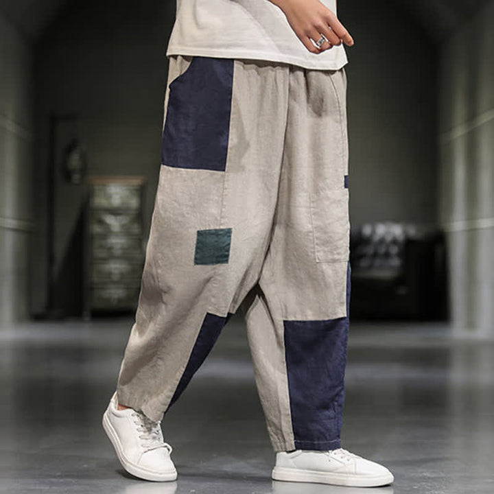 Buddha Stones Pantalon harem court pour homme, style printanier décontracté, en coton et lin, color block, avec poches - image 1