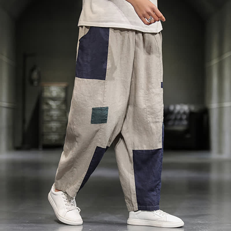 Buddha Stones Pantalon harem court pour homme, style printanier décontracté, en coton et lin, color block, avec poches - image 1