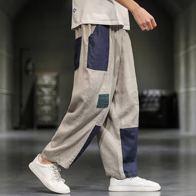 Buddha Stones Pantalon harem court pour homme, style printanier décontracté, en coton et lin, color block, avec poches - image 3
