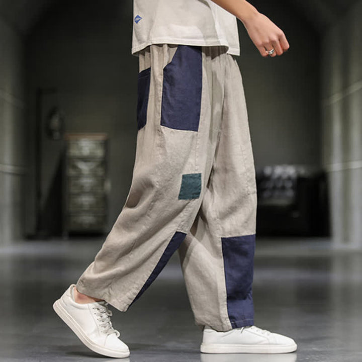 Buddha Stones Pantalon harem court pour homme, style printanier décontracté, en coton et lin, color block, avec poches - image 3