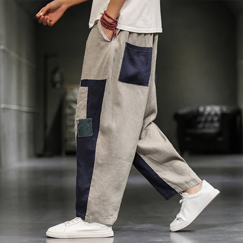 Buddha Stones Pantalon harem court pour homme, style printanier décontracté, en coton et lin, color block, avec poches - image 5