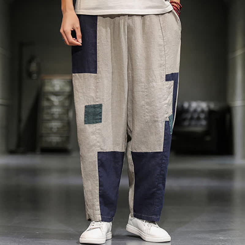 Buddha Stones Pantalon harem court pour homme, style printanier décontracté, en coton et lin, color block, avec poches - image 6