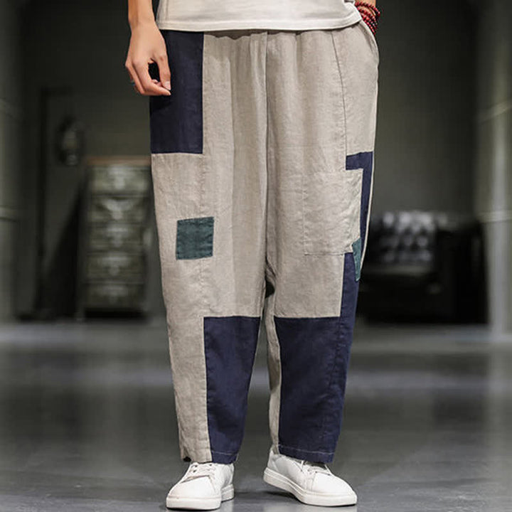 Buddha Stones Pantalon harem court pour homme, style printanier décontracté, en coton et lin, color block, avec poches - image 6