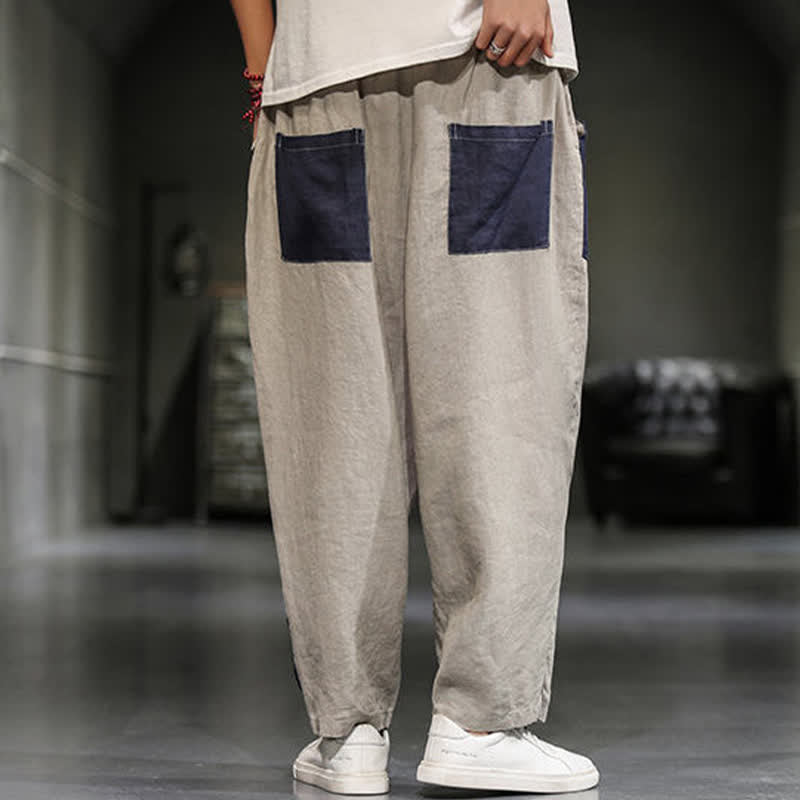 Buddha Stones Pantalon harem court pour homme, style printanier décontracté, en coton et lin, color block, avec poches - image 4