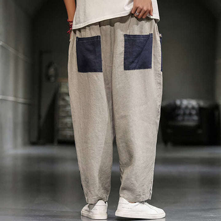 Buddha Stones Pantalon harem court pour homme, style printanier décontracté, en coton et lin, color block, avec poches - image 4