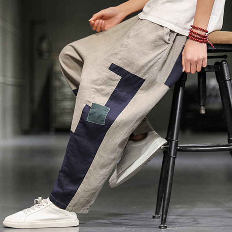 Buddha Stones Pantalon harem court pour homme, style printanier décontracté, en coton et lin, color block, avec poches - image 9