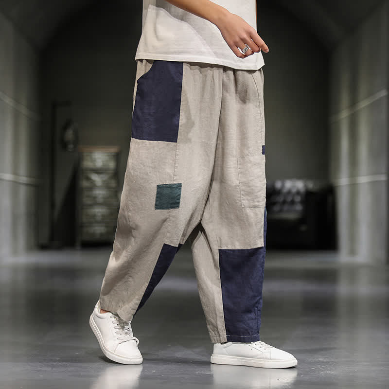 Buddha Stones Pantalon harem court pour homme, style printanier décontracté, en coton et lin, color block, avec poches - image 7