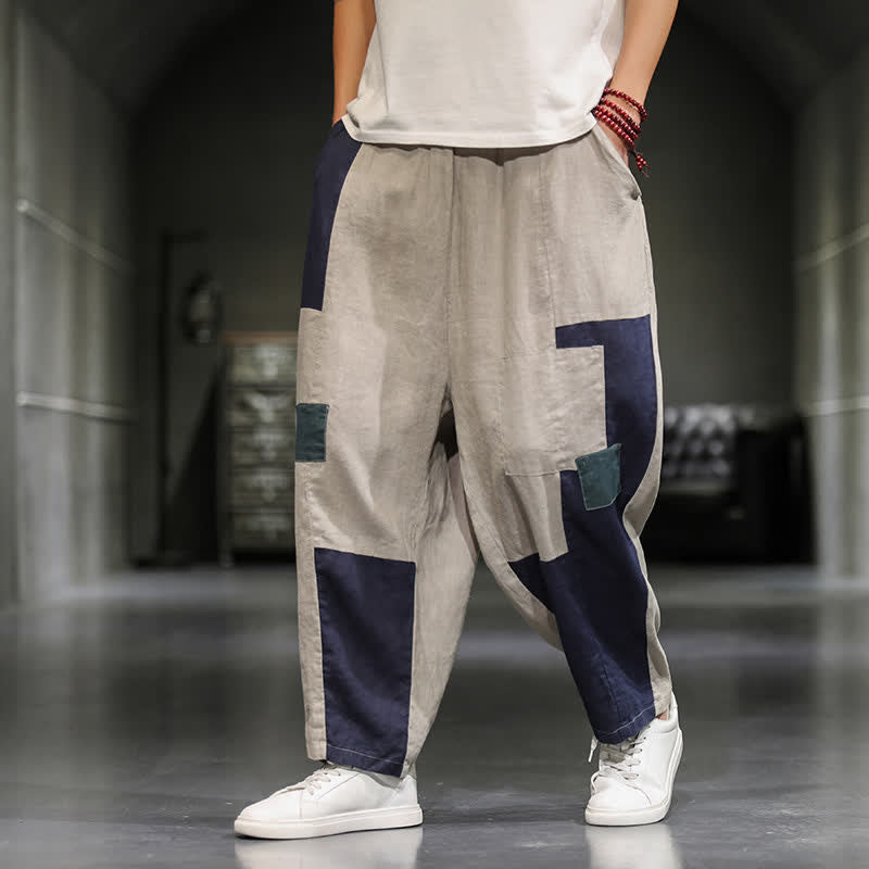Buddha Stones Pantalon harem court pour homme, style printanier décontracté, en coton et lin, color block, avec poches - image 8