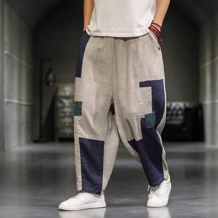 Buddha Stones Pantalon harem court pour homme, style printanier décontracté, en coton et lin, color block, avec poches - image 8