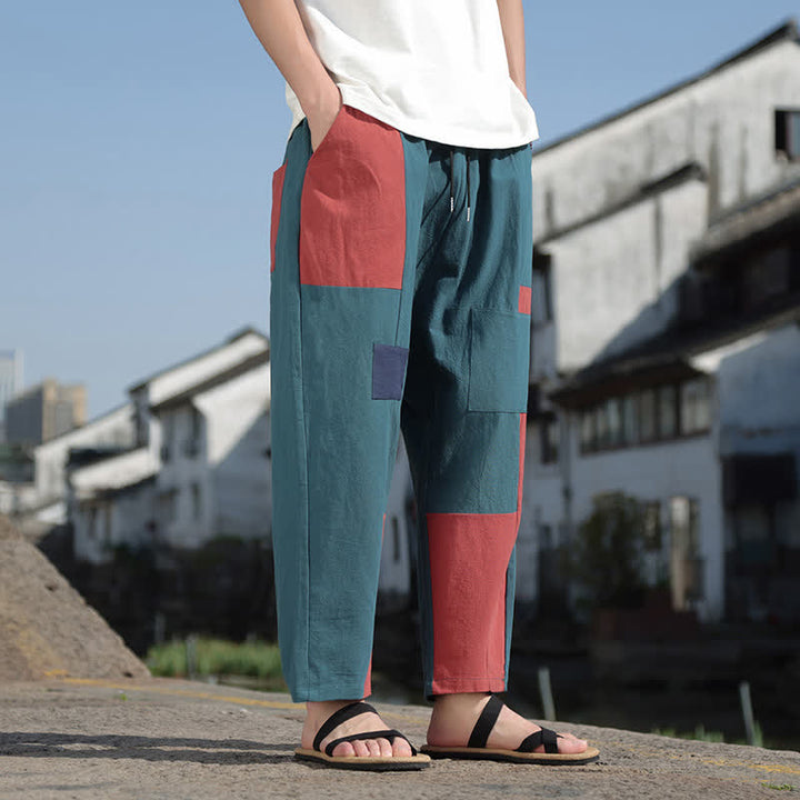 Buddha Stones Pantalon harem court pour homme, style printanier décontracté, en coton et lin, color block, avec poches - image 13