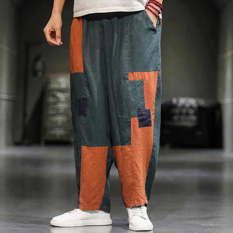 Buddha Stones Pantalon harem court pour homme, style printanier décontracté, en coton et lin, color block, avec poches - image 15
