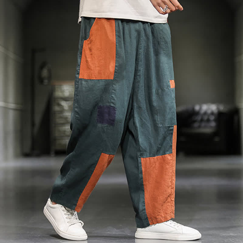 Buddha Stones Pantalon harem court pour homme, style printanier décontracté, en coton et lin, color block, avec poches - image 16