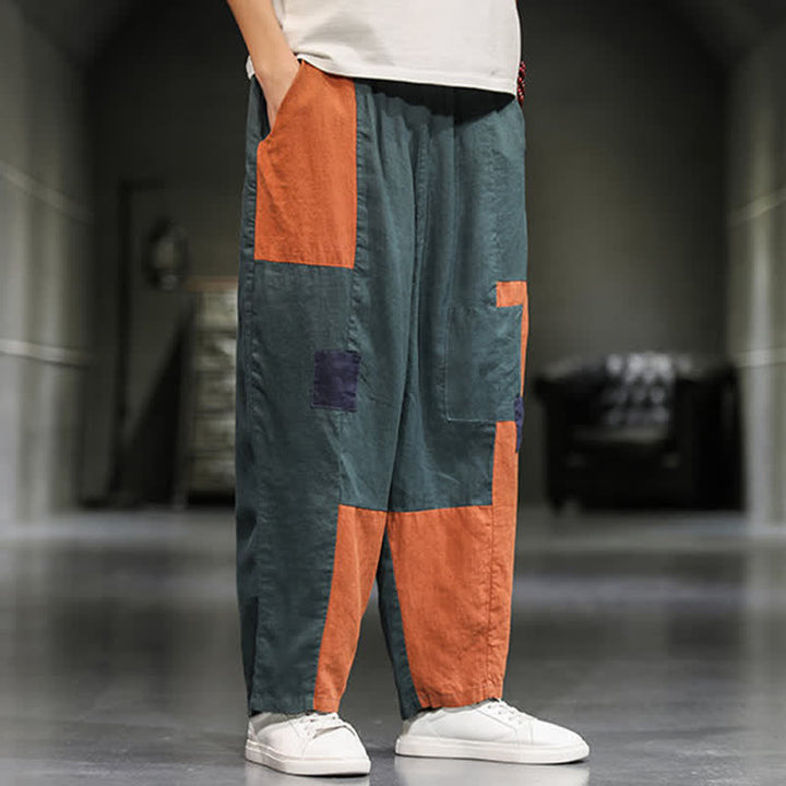 Buddha Stones Pantalon harem court pour homme, style printanier décontracté, en coton et lin, color block, avec poches - image 17