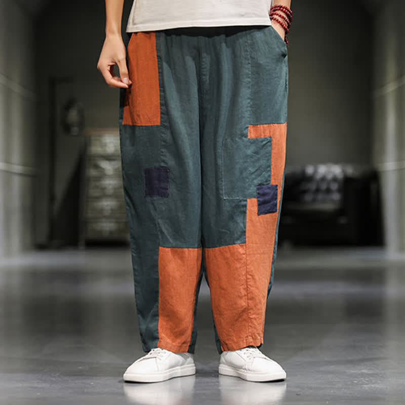 Buddha Stones Pantalon harem court pour homme, style printanier décontracté, en coton et lin, color block, avec poches - CadetBlue - US/UK/AU48，EU58(5XL) - image 11