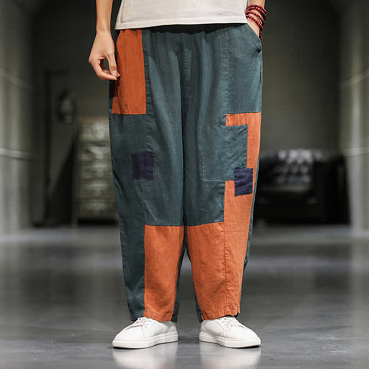 Buddha Stones Pantalon harem court pour homme, style printanier décontracté, en coton et lin, color block, avec poches - CadetBlue - US/UK/AU48，EU58(5XL) - image 11