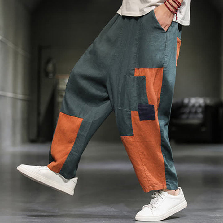Buddha Stones Pantalon harem court pour homme, style printanier décontracté, en coton et lin, color block, avec poches - image 19