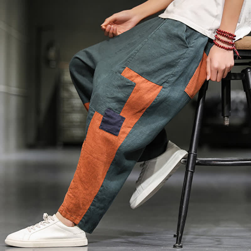 Buddha Stones Pantalon harem court pour homme, style printanier décontracté, en coton et lin, color block, avec poches - image 18