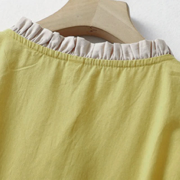 Buddha Stones Chemise d'été décontractée à manches courtes en coton uni à col volanté et boutons pour femme - image 3