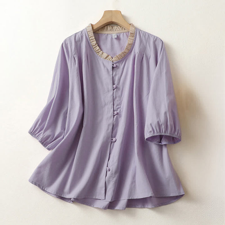 Buddha Stones Chemise d'été décontractée à manches courtes en coton uni à col volanté et boutons pour femme - Lavande - US8-10，UK/AU12-14，EU40-42 (2XL) - image 7