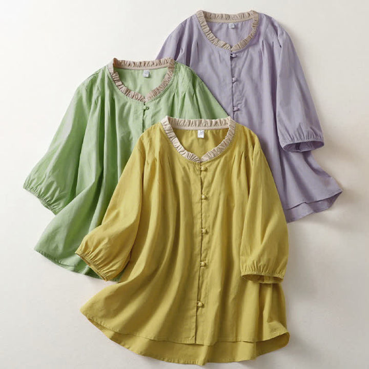 Buddha Stones Chemise d'été décontractée à manches courtes en coton uni à col volanté et boutons pour femme - image 19