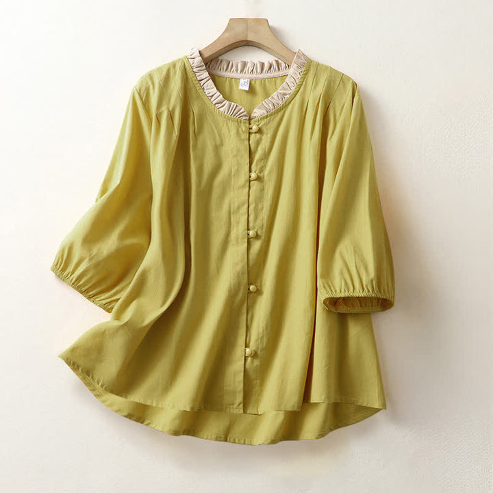 Buddha Stones Chemise d'été décontractée à manches courtes en coton uni à col volanté et boutons pour femme - verge d'or - US8-10，UK/AU12-14，EU40-42 (2XL) - image 0