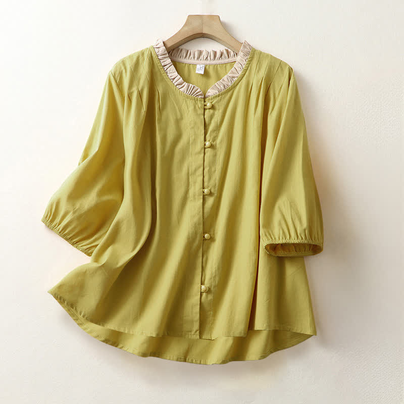 Buddha Stones Chemise d'été décontractée à manches courtes en coton uni à col volanté et boutons pour femme - verge d'or - US8-10，UK/AU12-14，EU40-42 (2XL) - image 0