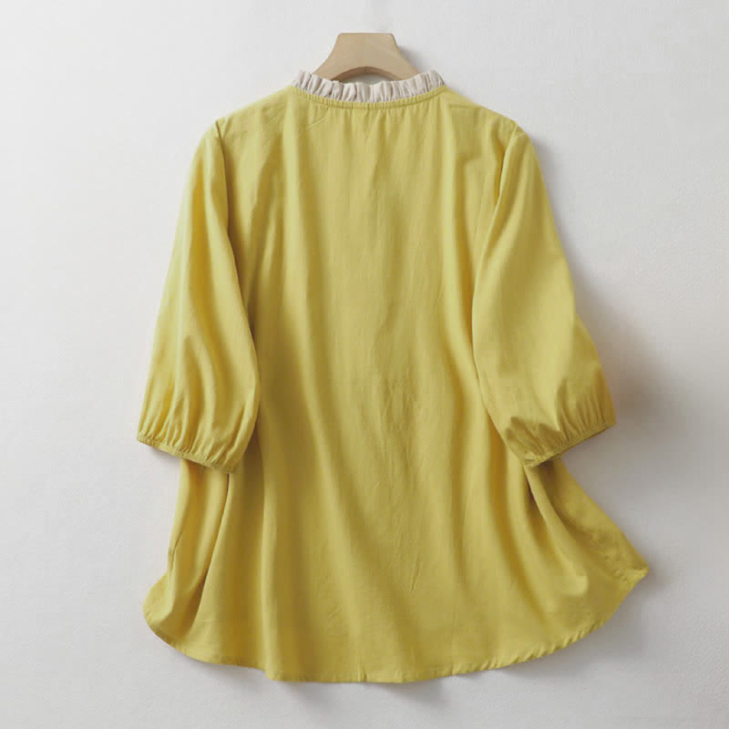 Buddha Stones Chemise d'été décontractée à manches courtes en coton uni à col volanté et boutons pour femme - image 1