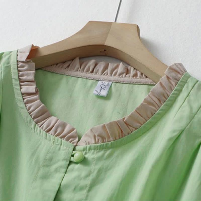 Buddha Stones Chemise d'été décontractée à manches courtes en coton uni à col volanté et boutons pour femme - image 13