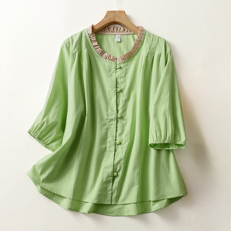 Buddha Stones Chemise d'été décontractée à manches courtes en coton uni à col volanté et boutons pour femme - Vert pâle - US8-10，UK/AU12-14，EU40-42 (2XL) - image 12