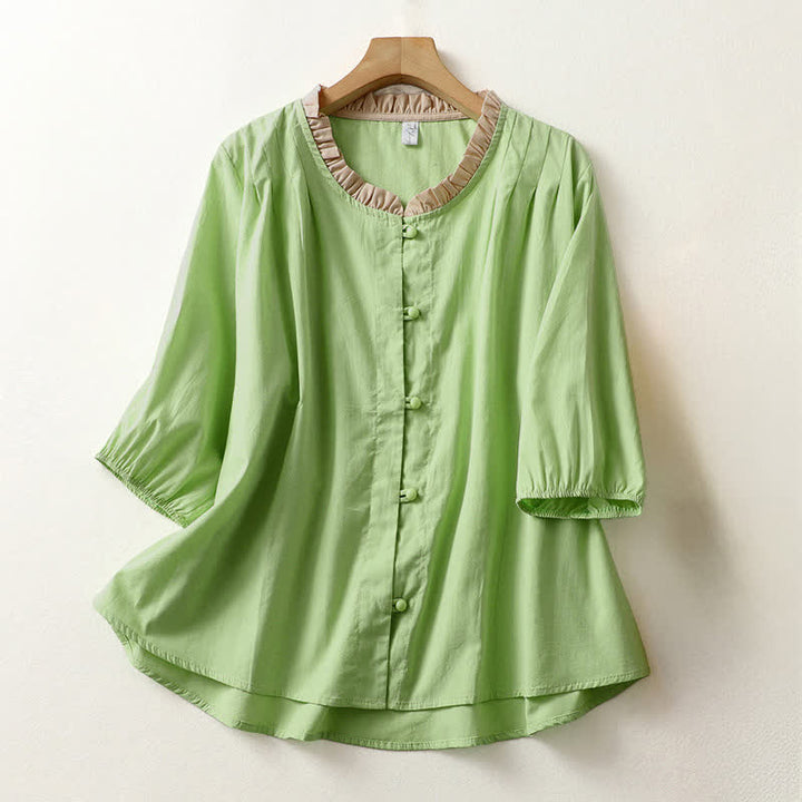 Buddha Stones Chemise d'été décontractée à manches courtes en coton uni à col volanté et boutons pour femme - Vert pâle - US8-10，UK/AU12-14，EU40-42 (2XL) - image 12