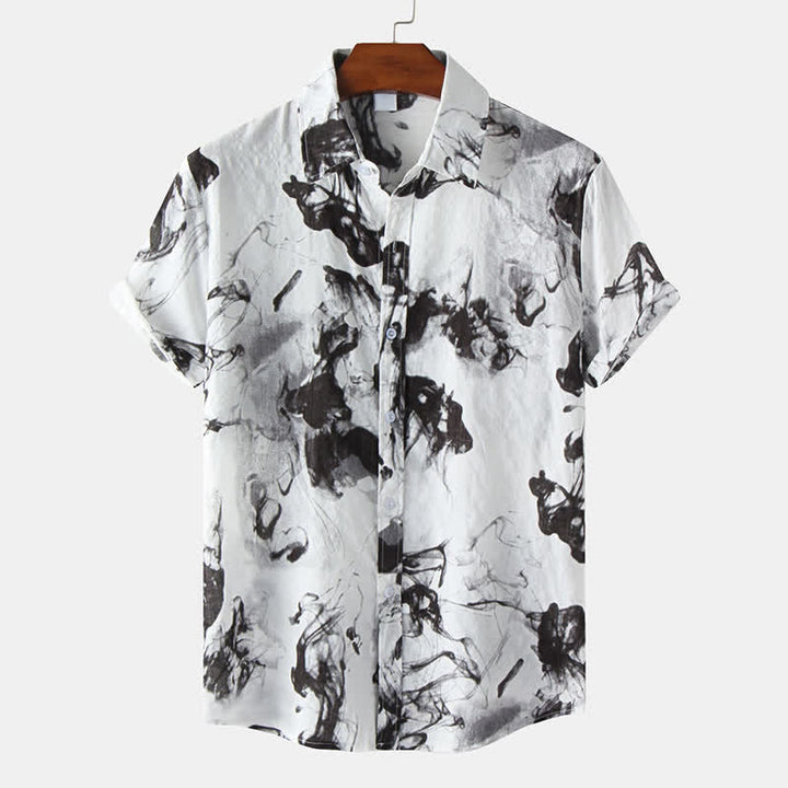 Buddha Stones Chemises à manches courtes pour hommes, imprimées à l'encre, style décontracté d'été, boutonnées - Noir - US/UK/AU46，EU56 (3XL) - image 0