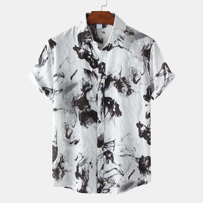 Buddha Stones Chemises à manches courtes pour hommes, imprimées à l'encre, style décontracté d'été, boutonnées - Noir - US/UK/AU46，EU56 (3XL) - image 0