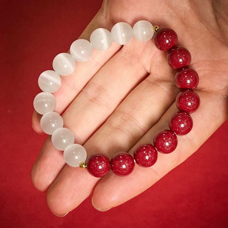 Buddha Stones Bracelet apaisant œil de chat blanc cinabre - 10 mm Cinabre (Tour de poignet : 16–17 cm) - image 0