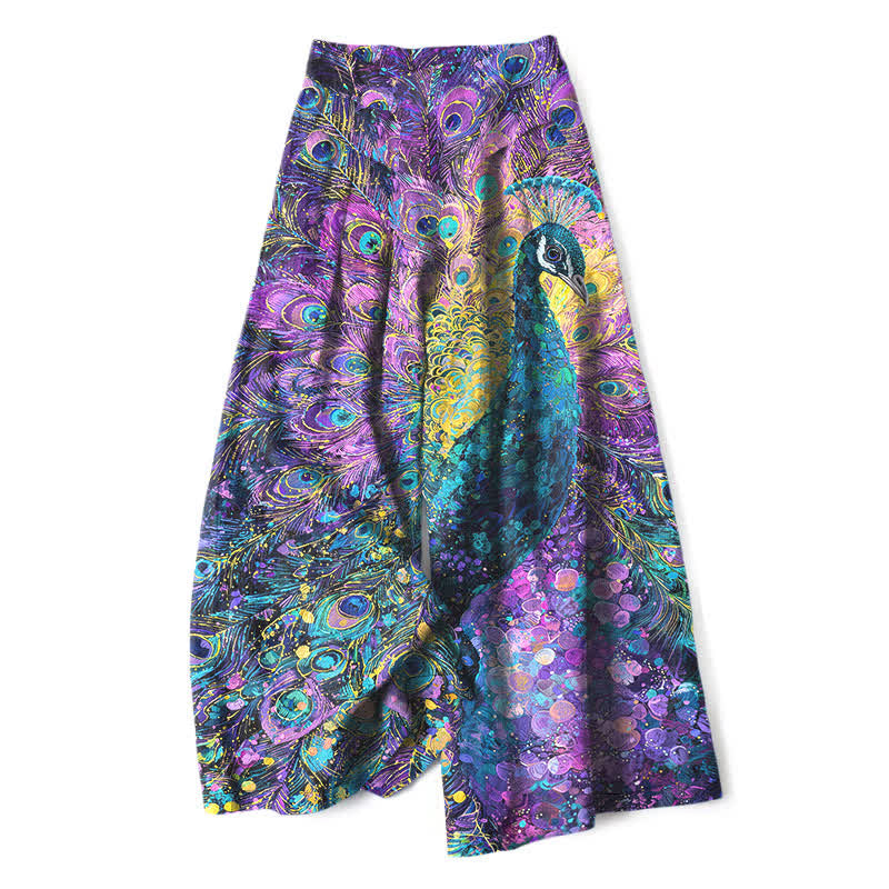 Buddha Stones Pantalon large en coton et lin à motif plumes de paon pour femme, taille élastique et poches - BleuViolet - US16，UK/AU20，EU48 (3XL) - image 0