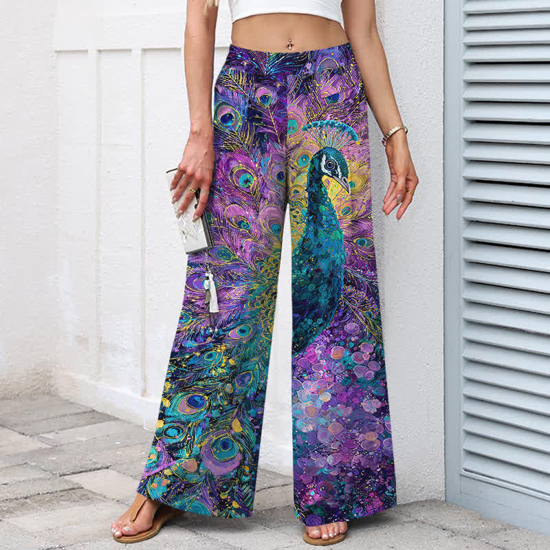 Buddha Stones Pantalon large en coton et lin à motif plumes de paon pour femme, taille élastique et poches - image 1