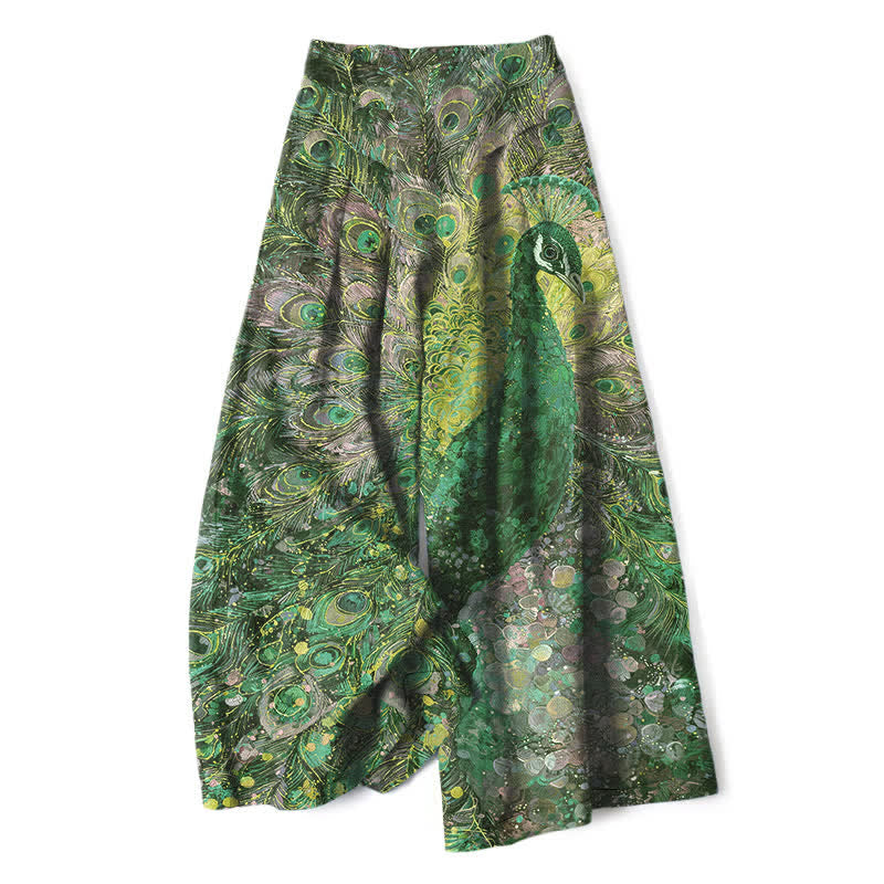 Buddha Stones Pantalon large en coton et lin à motif plumes de paon pour femme, taille élastique et poches - Vert forêt - US16，UK/AU20，EU48 (3XL) - image 4