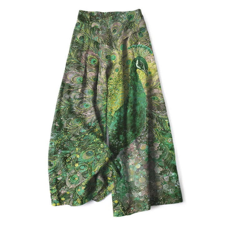 Buddha Stones Pantalon large en coton et lin à motif plumes de paon pour femme, taille élastique et poches - Vert forêt - US16，UK/AU20，EU48 (3XL) - image 4