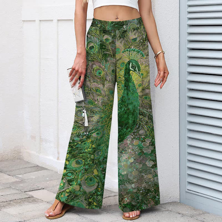 Buddha Stones Pantalon large en coton et lin à motif plumes de paon pour femme, taille élastique et poches - image 5