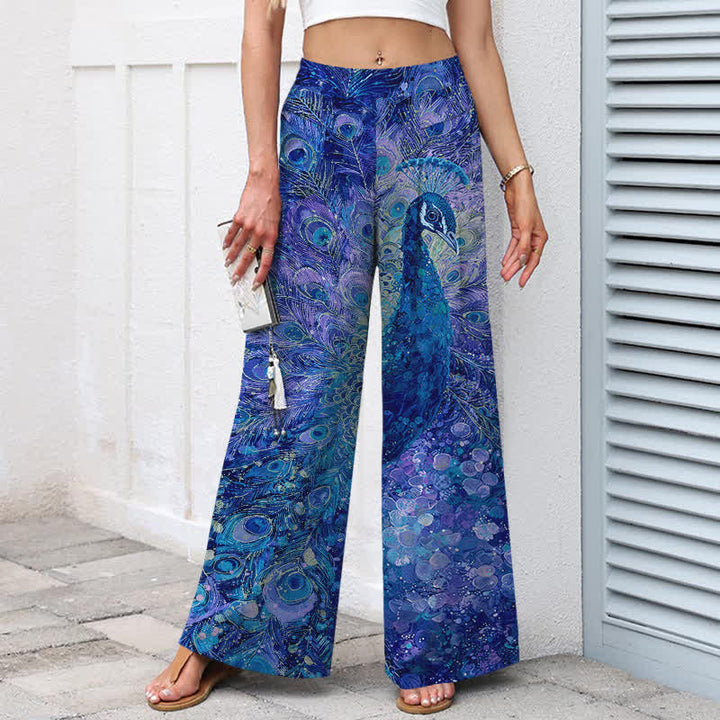 Buddha Stones Pantalon large en coton et lin à motif plumes de paon pour femme, taille élastique et poches - image 7