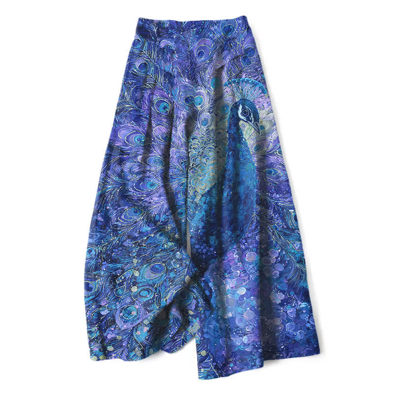 Buddha Stones Pantalon large en coton et lin à motif plumes de paon pour femme, taille élastique et poches - Bleu royal - US16，UK/AU20，EU48 (3XL) - image 6