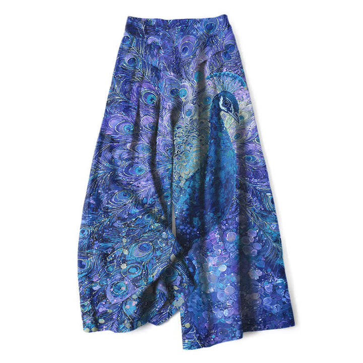 Buddha Stones Pantalon large en coton et lin à motif plumes de paon pour femme, taille élastique et poches - Bleu royal - US16，UK/AU20，EU48 (3XL) - image 6
